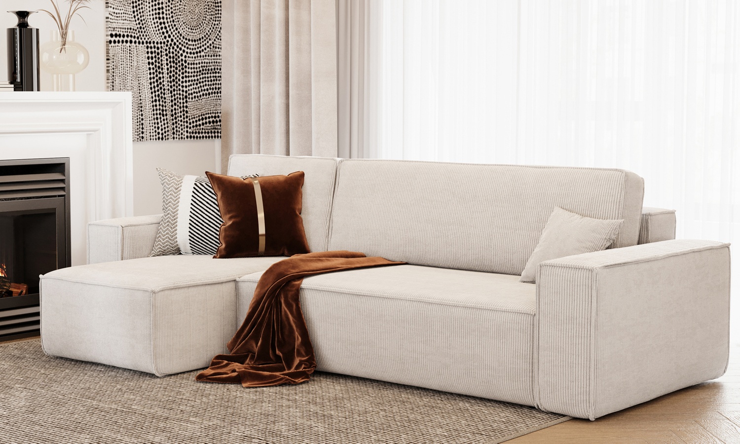 Canapé d'angle réversible et convertible en velours côtelé avec coffre