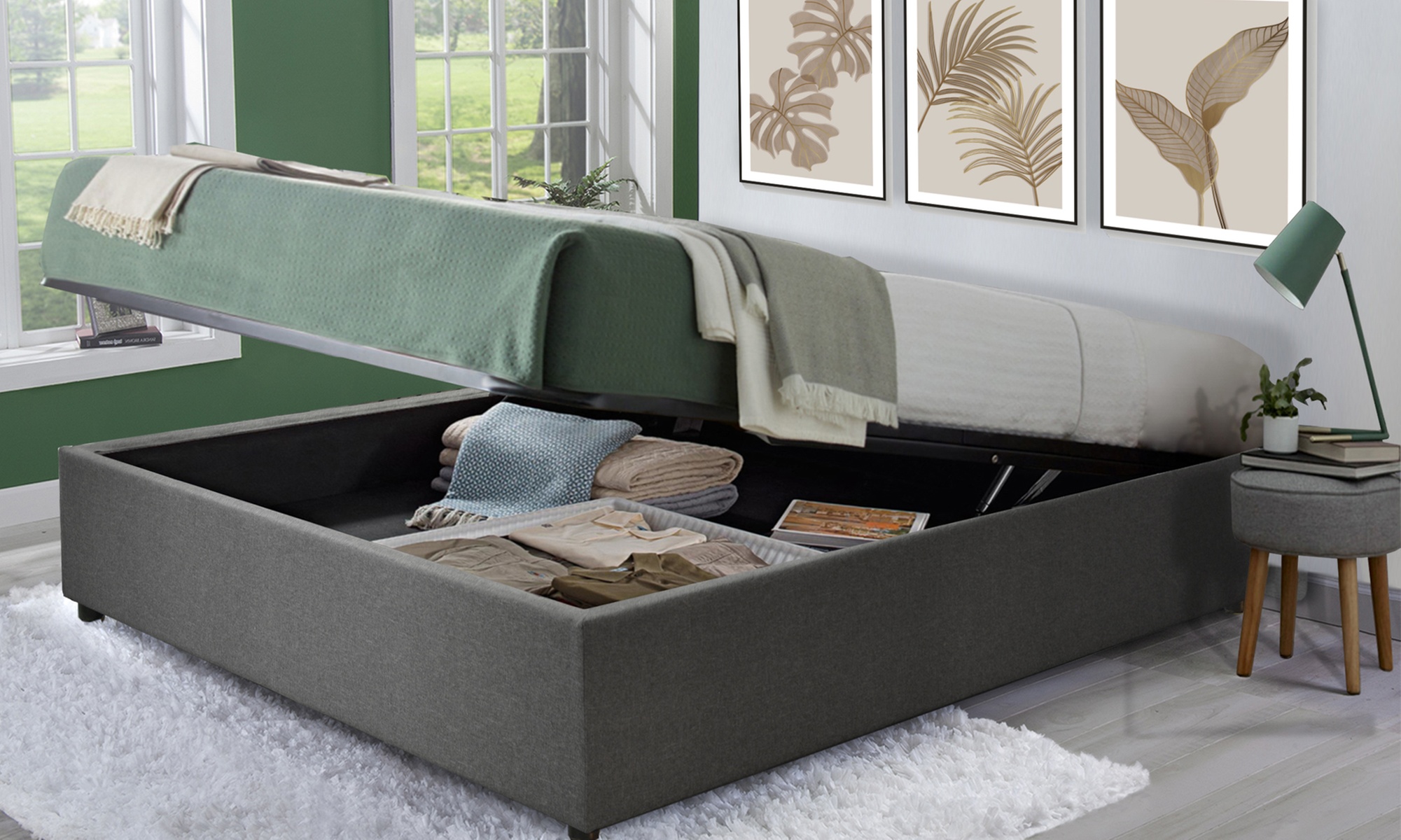 Sampur bed met opbergruimte 'Cômes' in stof met een traagschuimmatras