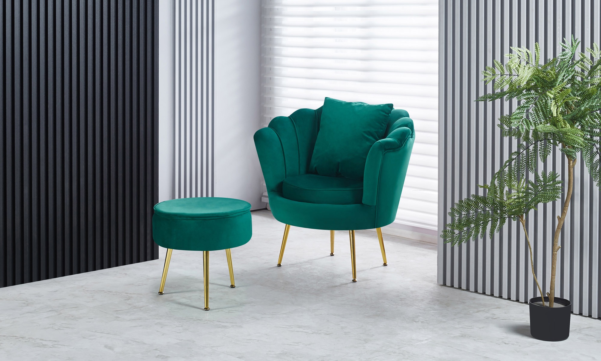 Poltrona Conchiglia con pouf poggiapiedi contenitore