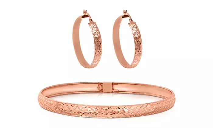 Sterling Silver Diamond Cut Bangle and Hoop Earrings Rose Gold