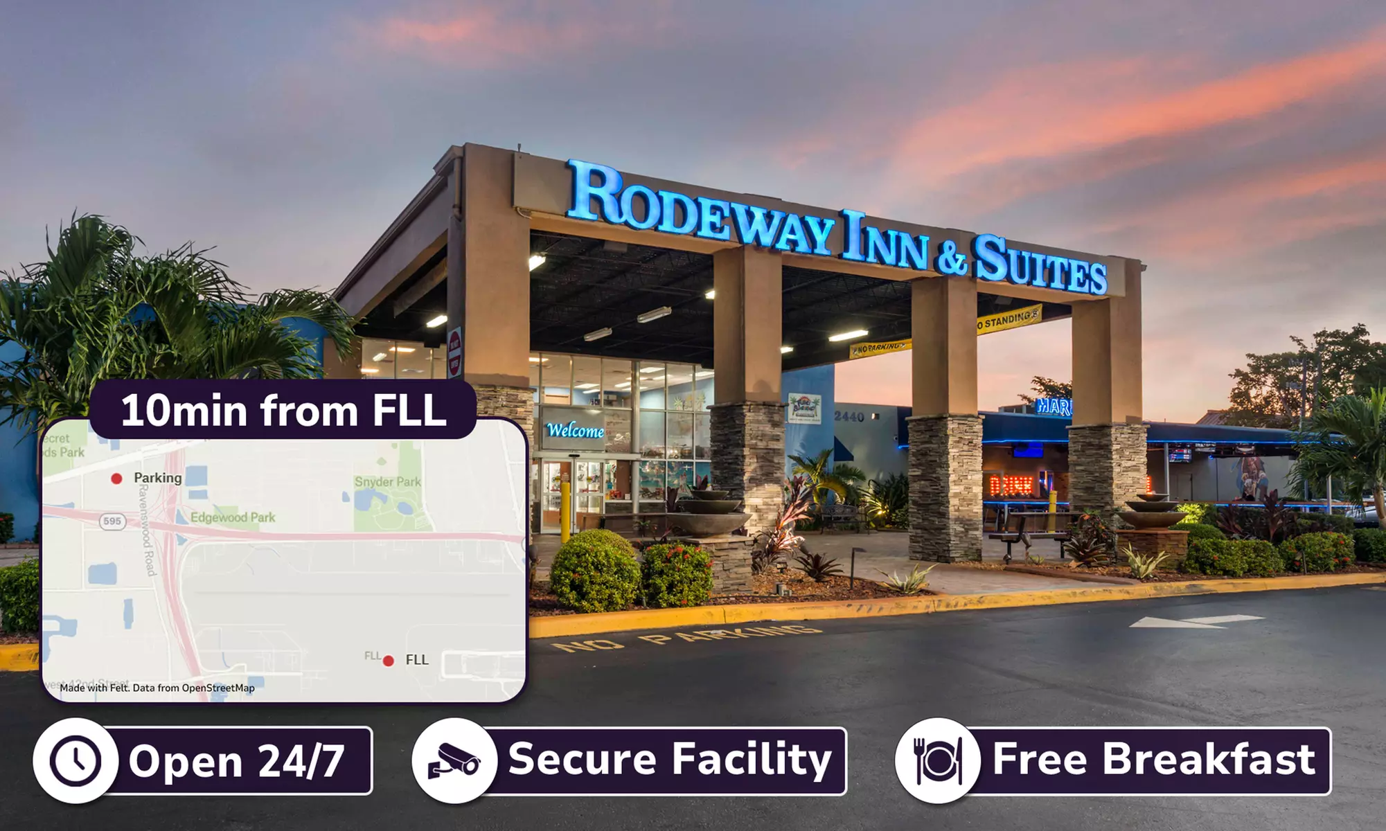 Enjoy uncovered airport parking at Rodeway Inn And Suites with free shuttle service for up to 14 days and save up to 25%