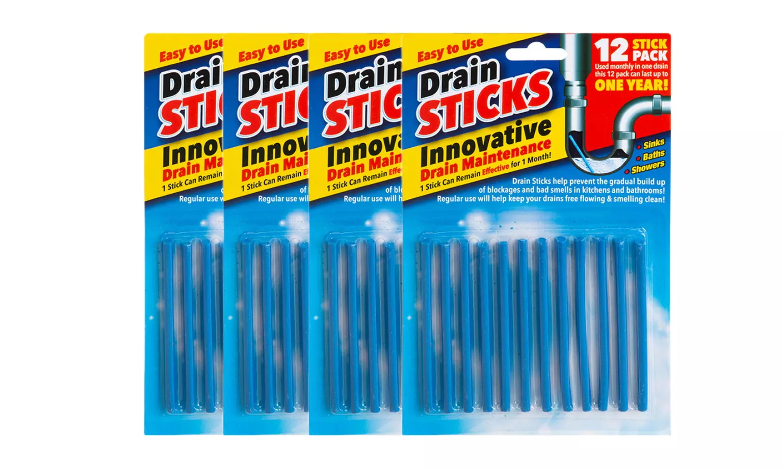 12 Packs of Drain Cleaner Sticks, Odour Control and Maintenance