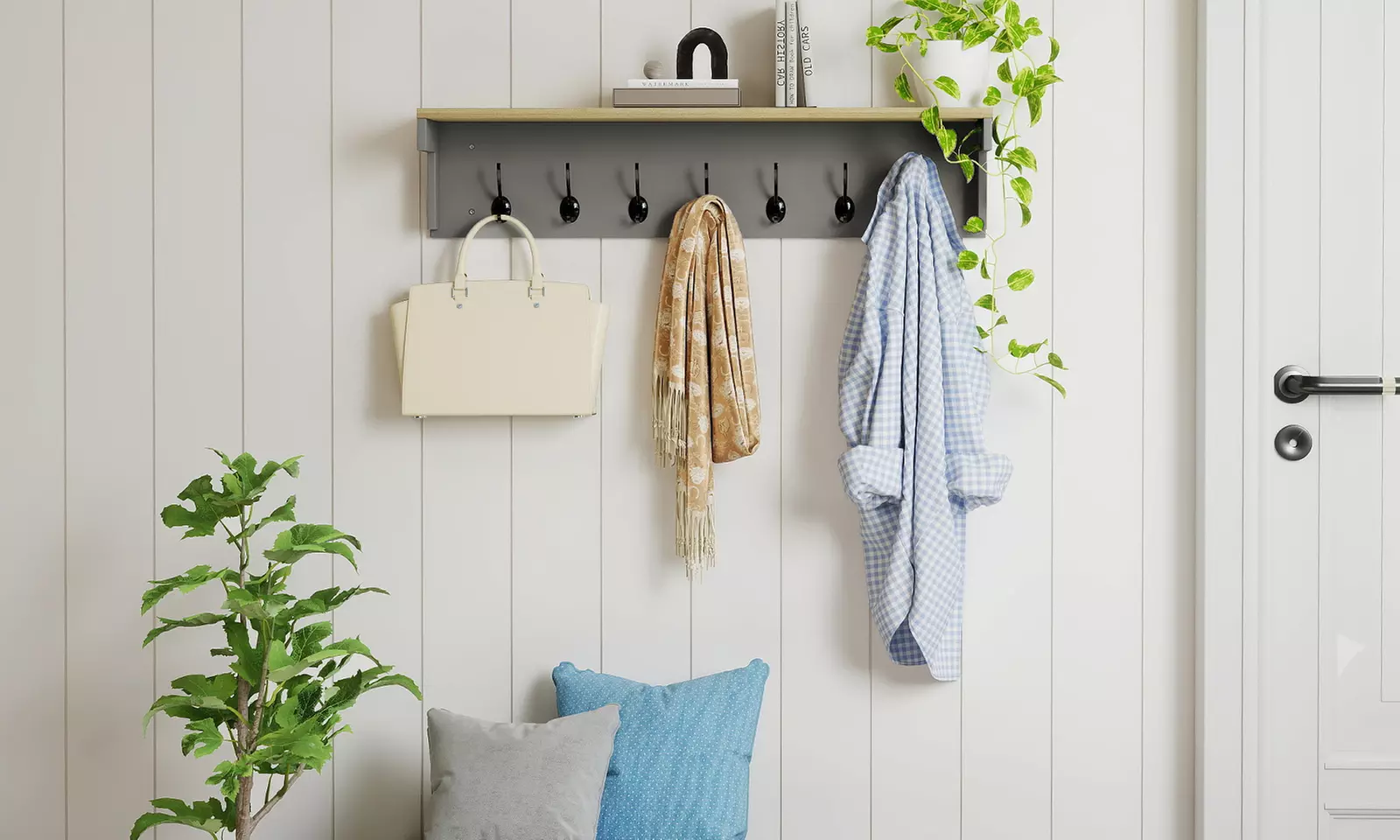 Levede Wall Mounted Coat Rack with Shelf – 7 Double Hooks
