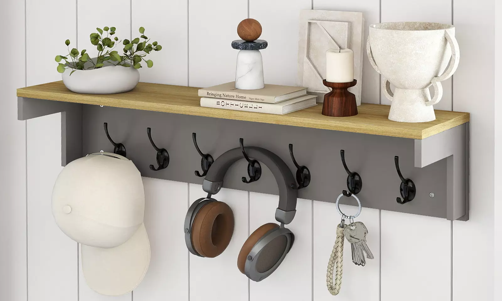Levede Wall Mounted Coat Rack with Shelf – 7 Double Hooks