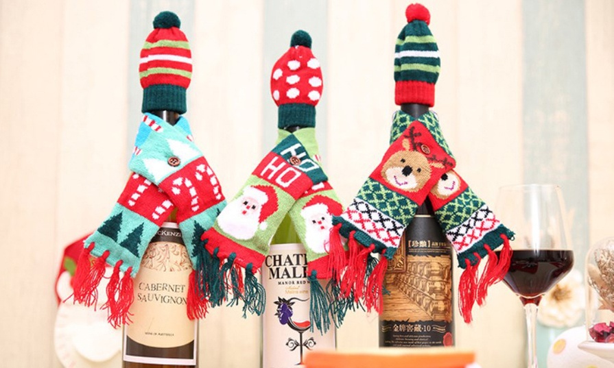 Up to Three Knitted Wine Bottle Covers, Christmas Tree Design