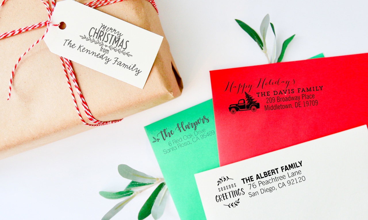 2712 Designs offers custom rubber stamps for holiday greetings, featuring various designs and personalization options, up to 72%