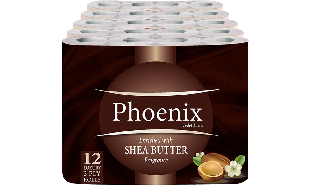 12, 24, 48, 60 or 120 Rolls Phoenix Three-Ply Shea Butter Toilet Paper