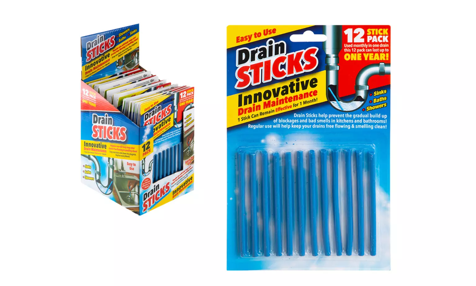 12 Packs of Drain Cleaner Sticks, Odour Control and Maintenance