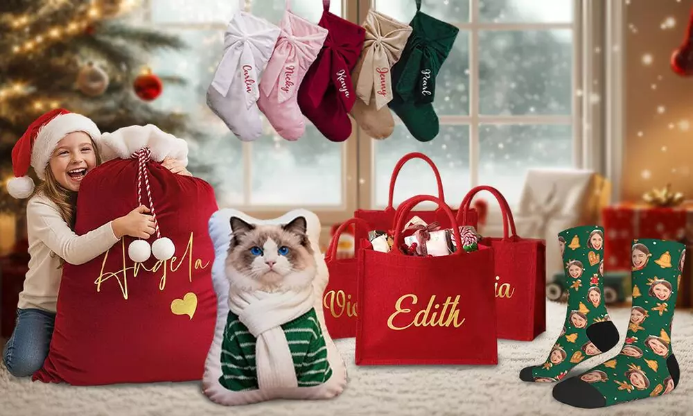 Personalisierbare weihnachtliche Socken, Strümpfe, Beutel oder Kissen