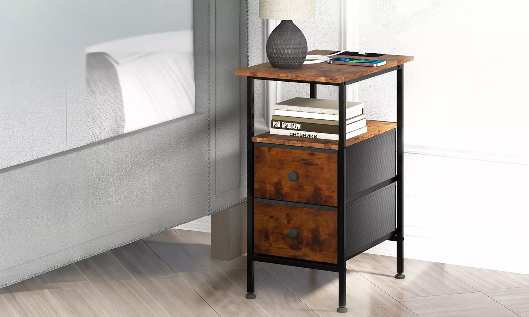 Levede Industrial Charging Side Table with USB Ports and Drawers
