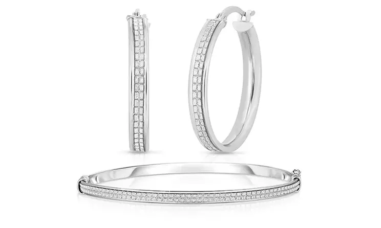 Sterling Silver Crystal Dust Bangle and Hoop Earring Set Silver