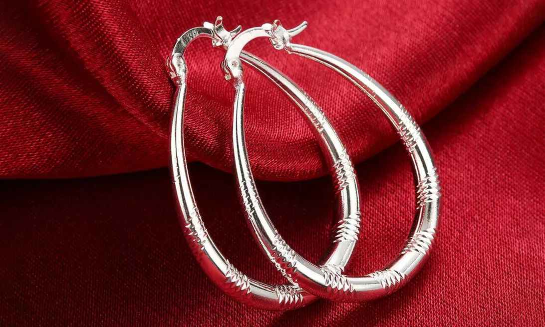 925 Sterling Silver Engraved Oval Hoop Earrings