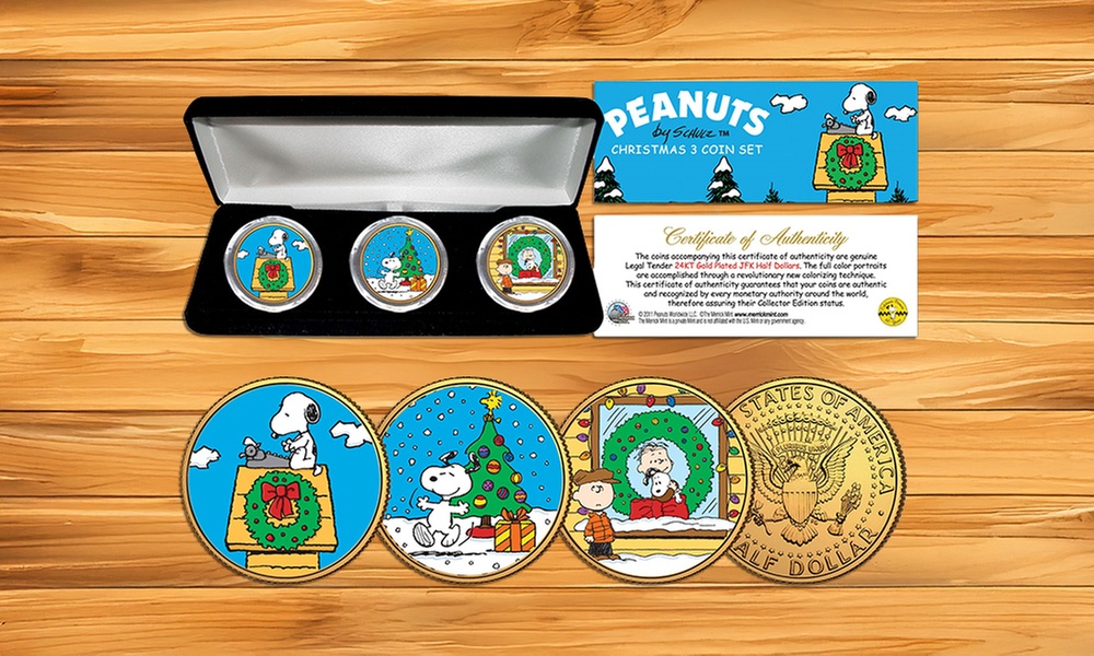 Peanuts Christmas 24K Gold JFK Half Dollar 3-Coin Set Charlie Brown Snoopy BOX