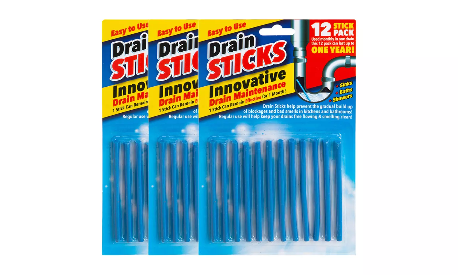 12 Packs of Drain Cleaner Sticks, Odour Control and Maintenance