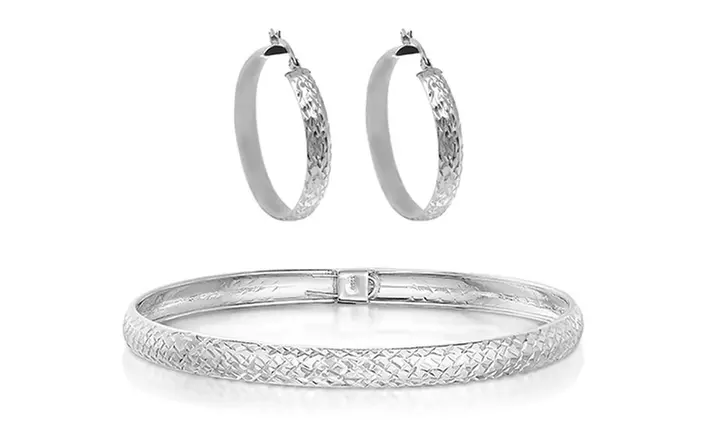 Sterling Silver Diamond Cut Bangle and Hoop Earrings Silver