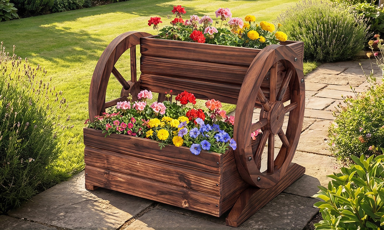 Costway 2-Tier Rustic Wooden Wagon Planter Box with Drainage Holes