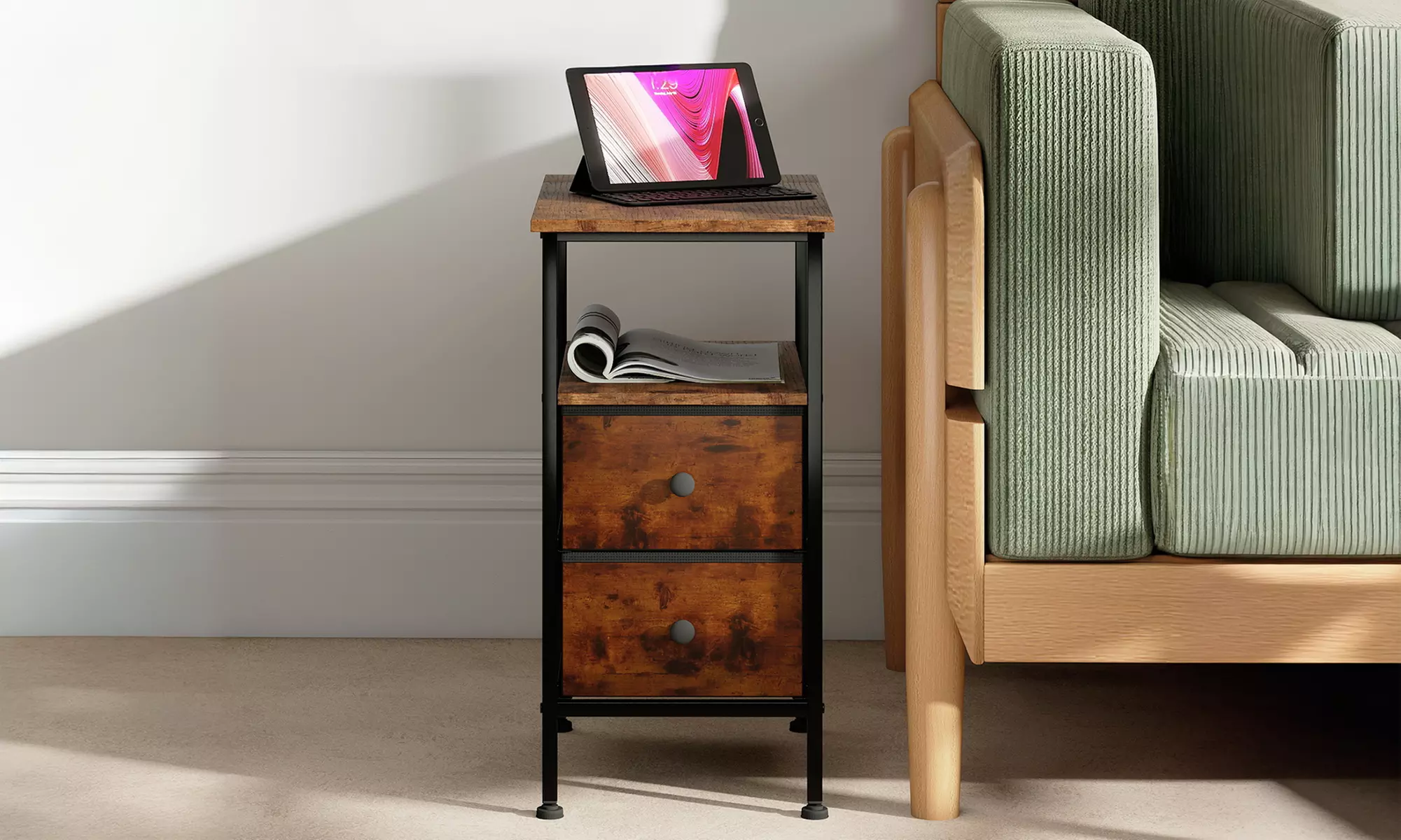 Levede Industrial Charging Side Table with USB Ports and Drawers