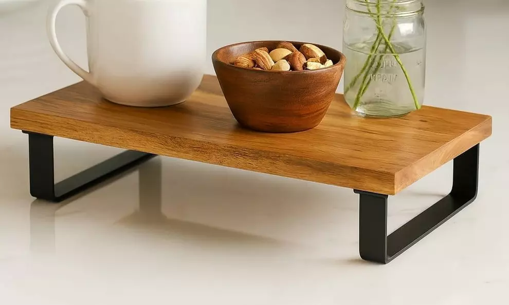 16 x 10 Serving Tray Acacia Wood Top with Matte Black Metal Frame