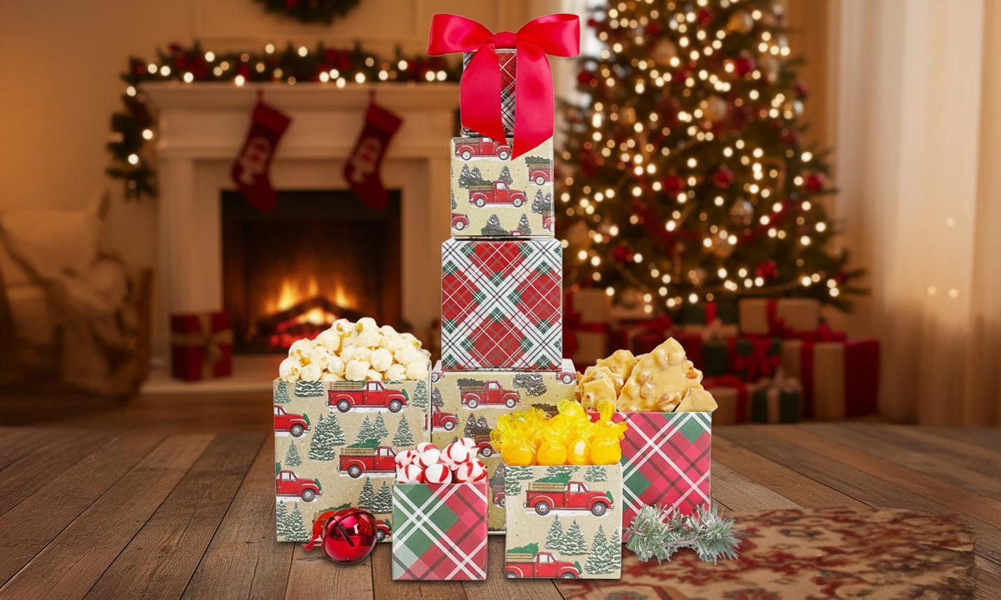 Holiday Gift Towers Stacked with Lindt Chocolate, Cookies, Popcorn & More