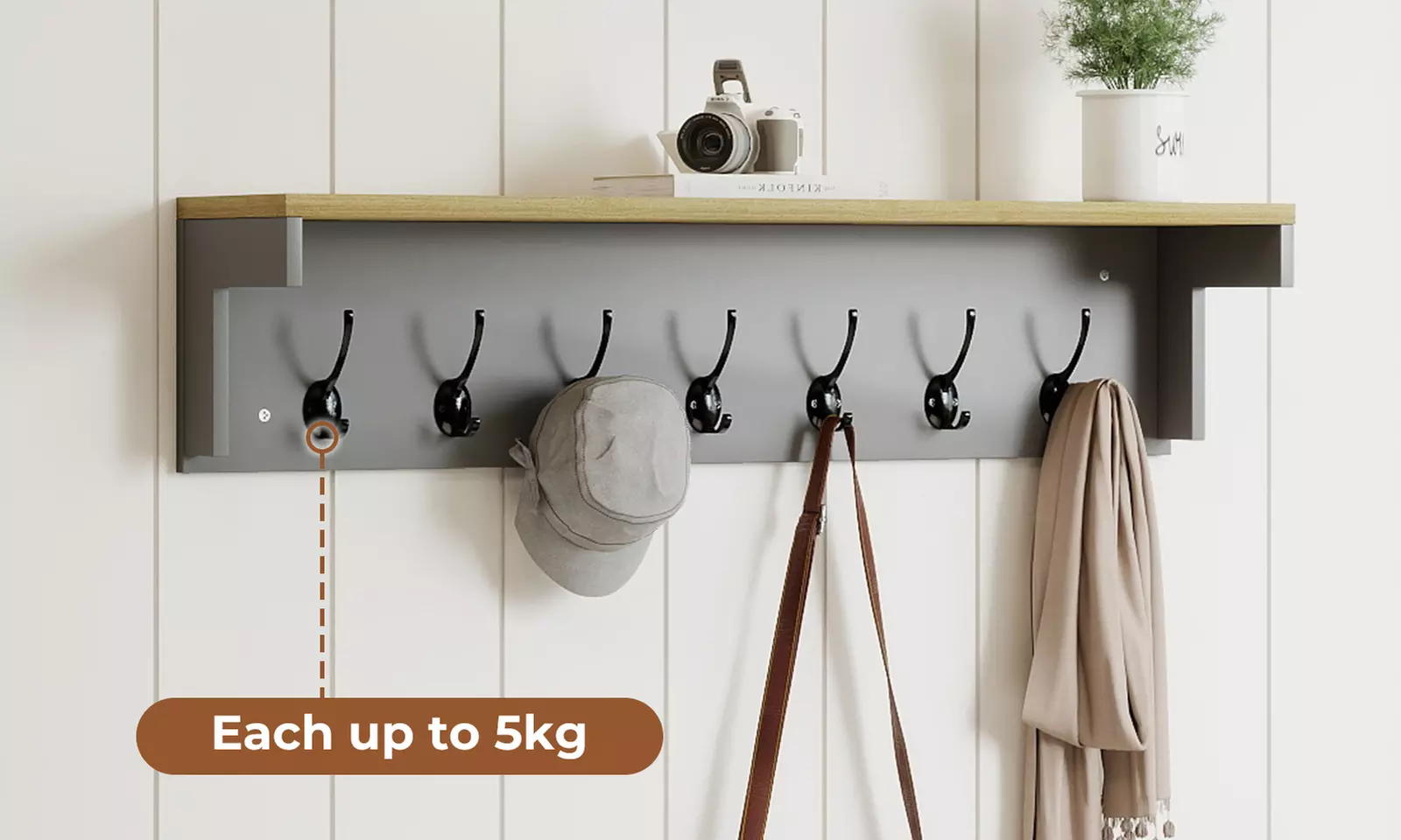 Levede Wall Mounted Coat Rack with Shelf – 7 Double Hooks