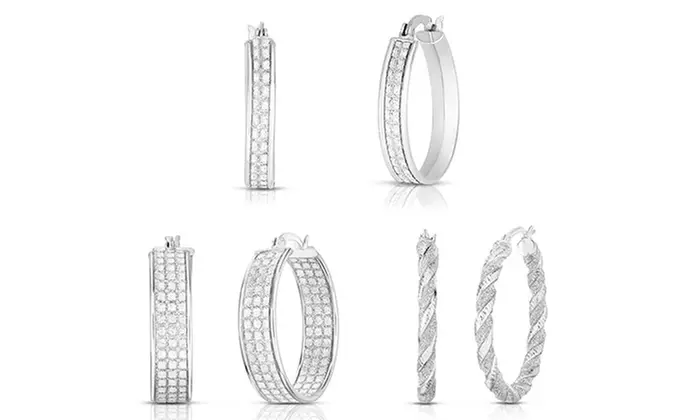 Sterling Silver Crystal Dust Hoop Earrings Set of 3 Silver