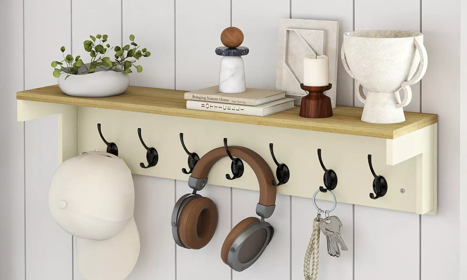 Levede Wall Mounted Coat Rack with Shelf – 7 Double Hooks