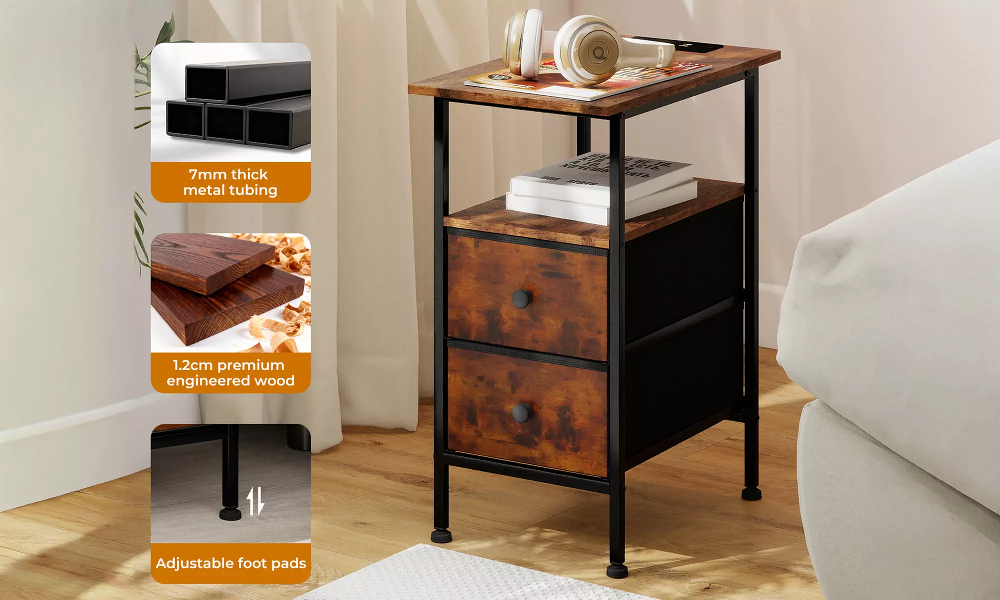 Levede Industrial Charging Side Table with USB Ports and Drawers