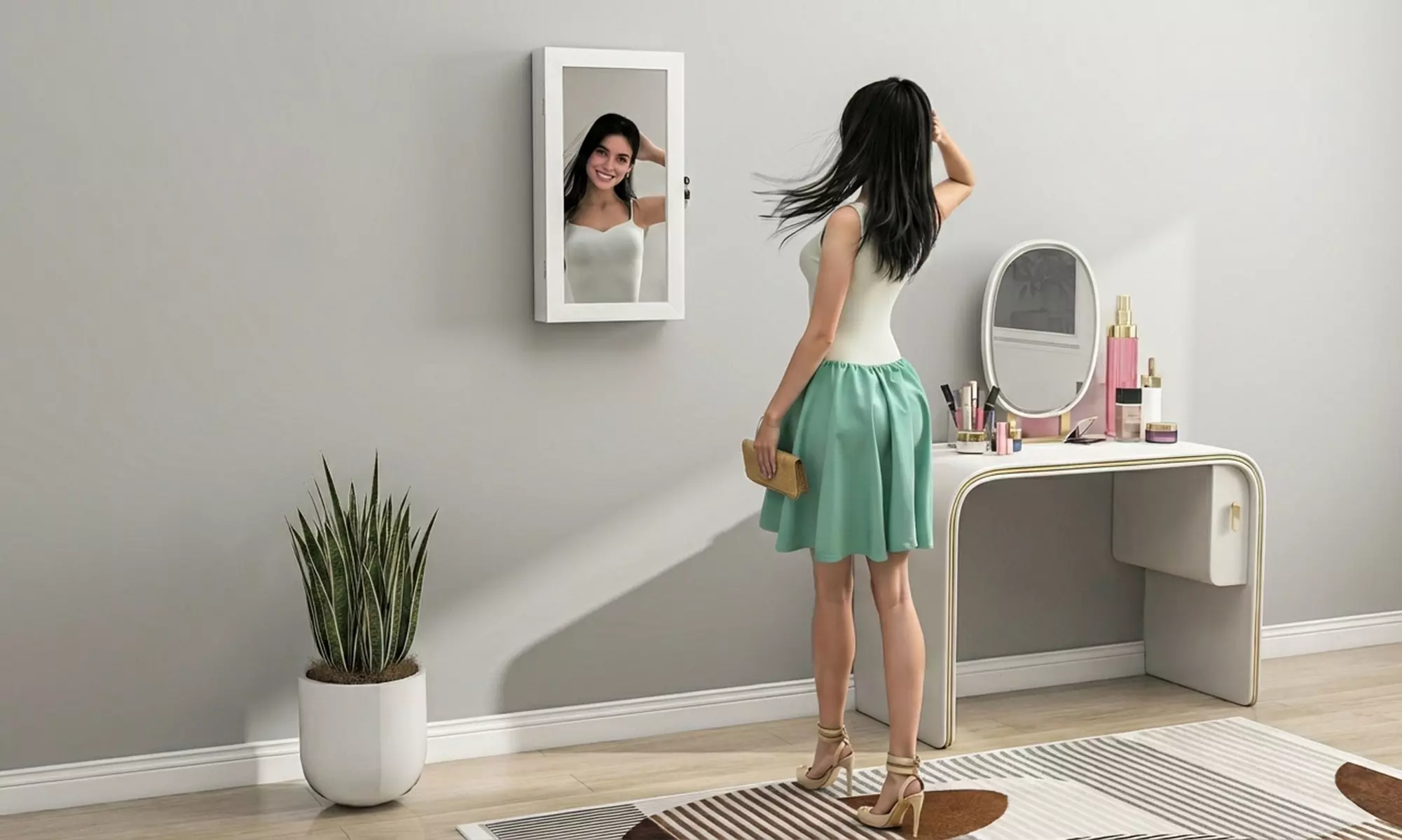 HOMCOM Wall-Mounted Jewellery Storage Cabinet with Mirror