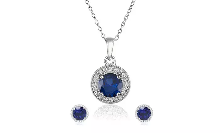 Sterling Silver Halo Round Cut CZ Earring and Pendant Set Dark Blue