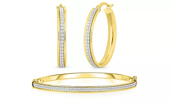 Sterling Silver Crystal Dust Bangle and Hoop Earring Set Gold
