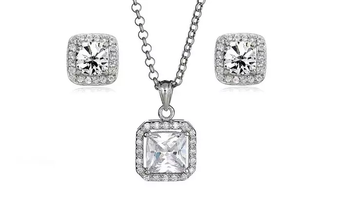 Sterling Silver Halo Princess Cut CZ Earring and Pendant Set