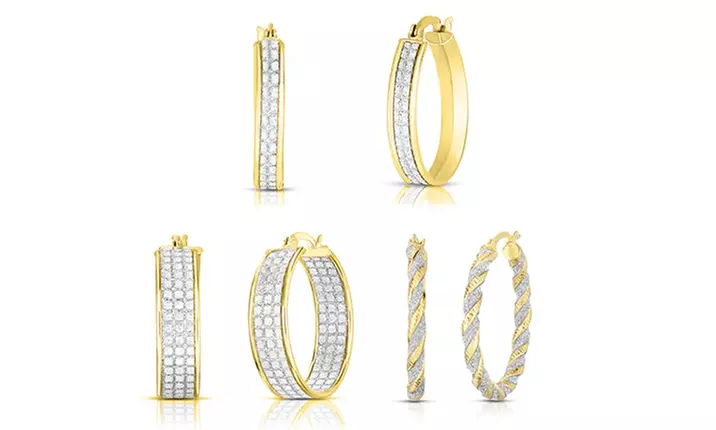 Sterling Silver Crystal Dust Hoop Earrings Set of 3 Gold