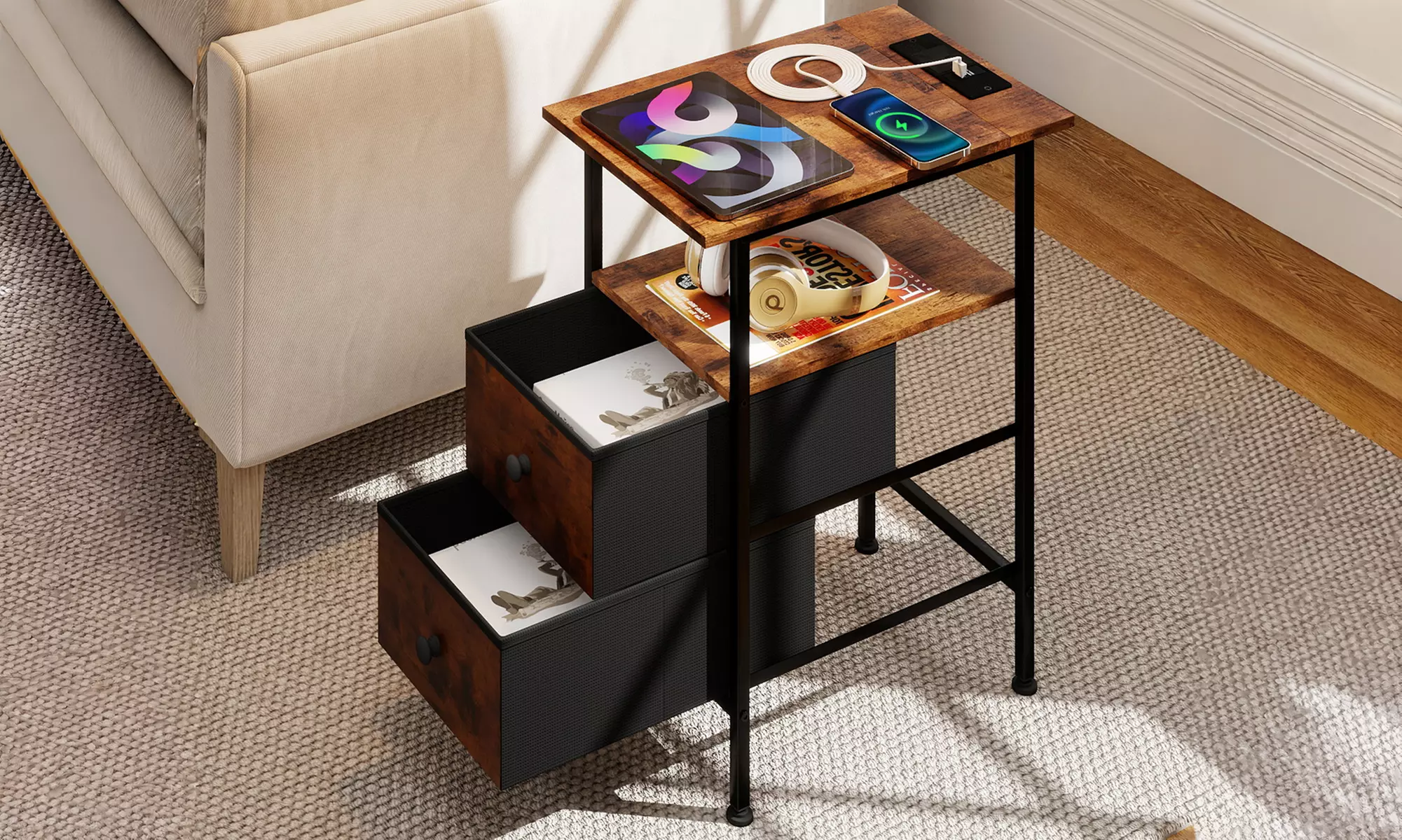 Levede Industrial Charging Side Table with USB Ports and Drawers