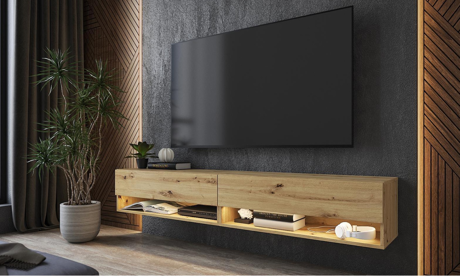 Meuble TV suspendu en chêne ou noir