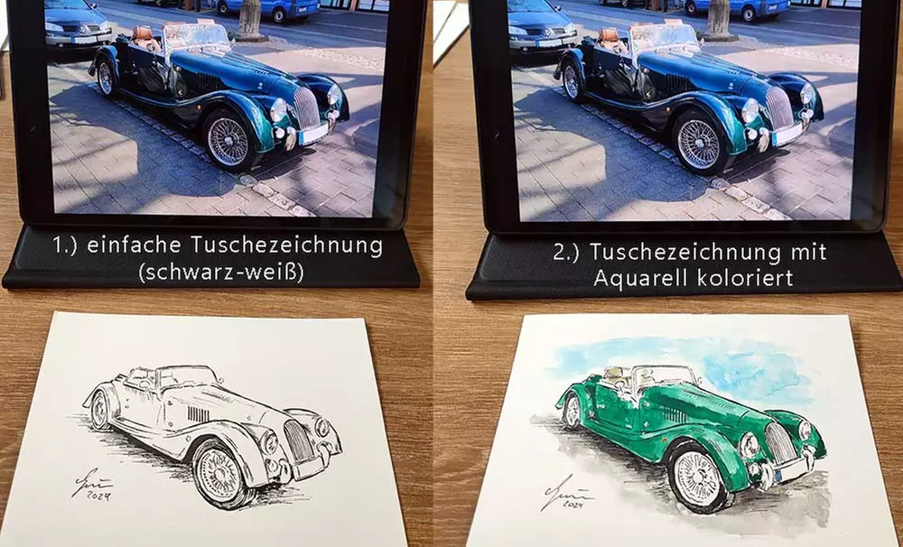 Auto Zeichung: Tuschezeichnung (handgezeichnet) von deinem Auto