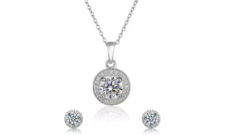 Sterling Silver Halo Round Cut CZ Earring and Pendant Set White