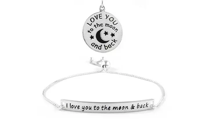 Sterling Silver I Love You to the Moon and Back Pendant and Bracelet Set