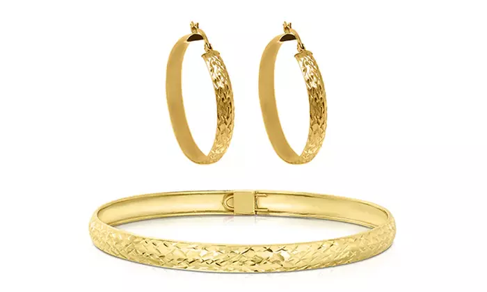 Sterling Silver Diamond Cut Bangle and Hoop Earrings Gold
