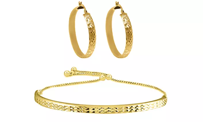 Sterling Silver Diamond Cut Adjustable Bangle Bracelet/ Earring Set Gold