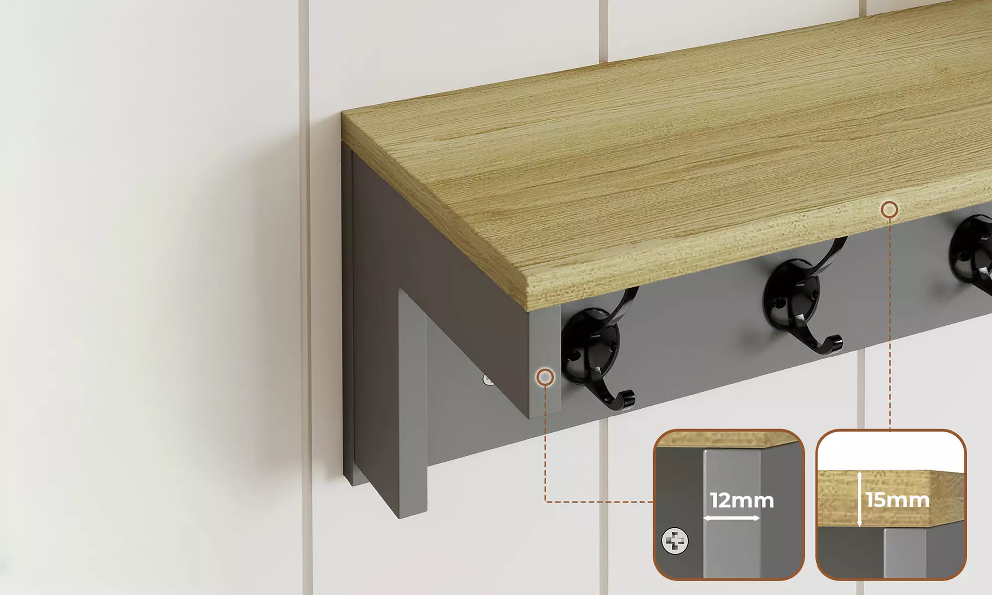 Levede Wall Mounted Coat Rack with Shelf – 7 Double Hooks