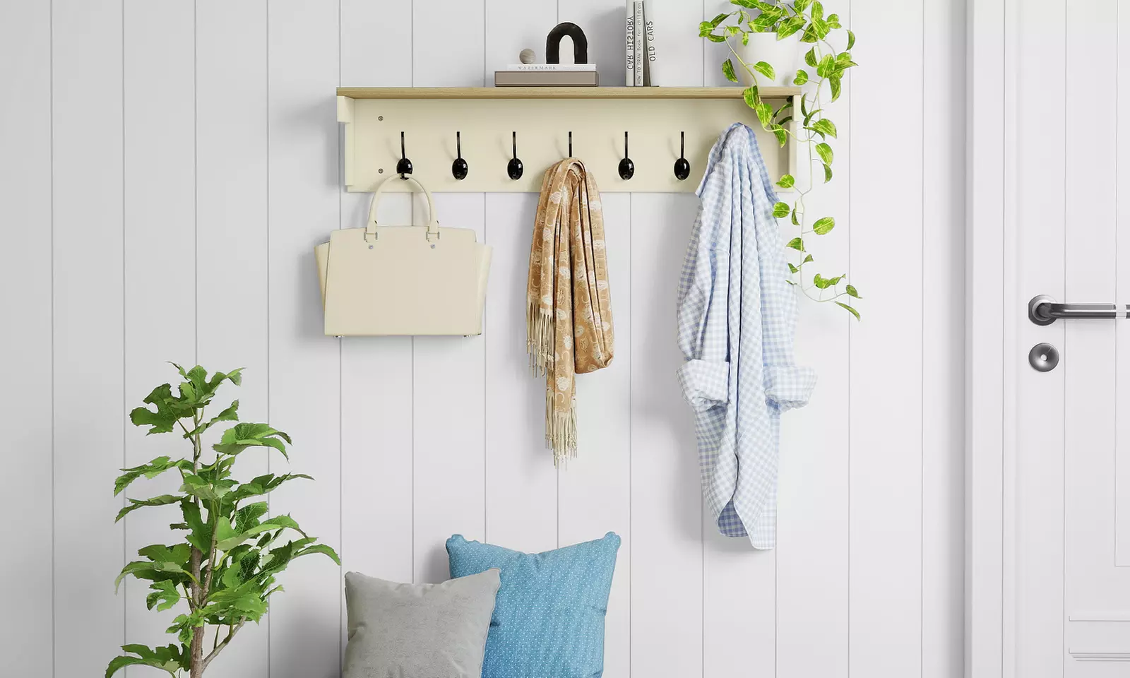 Levede Wall Mounted Coat Rack with Shelf – 7 Double Hooks