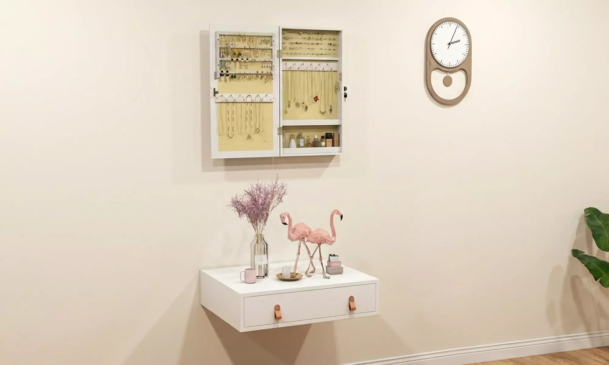 HOMCOM Wall-Mounted Jewellery Storage Cabinet with Mirror