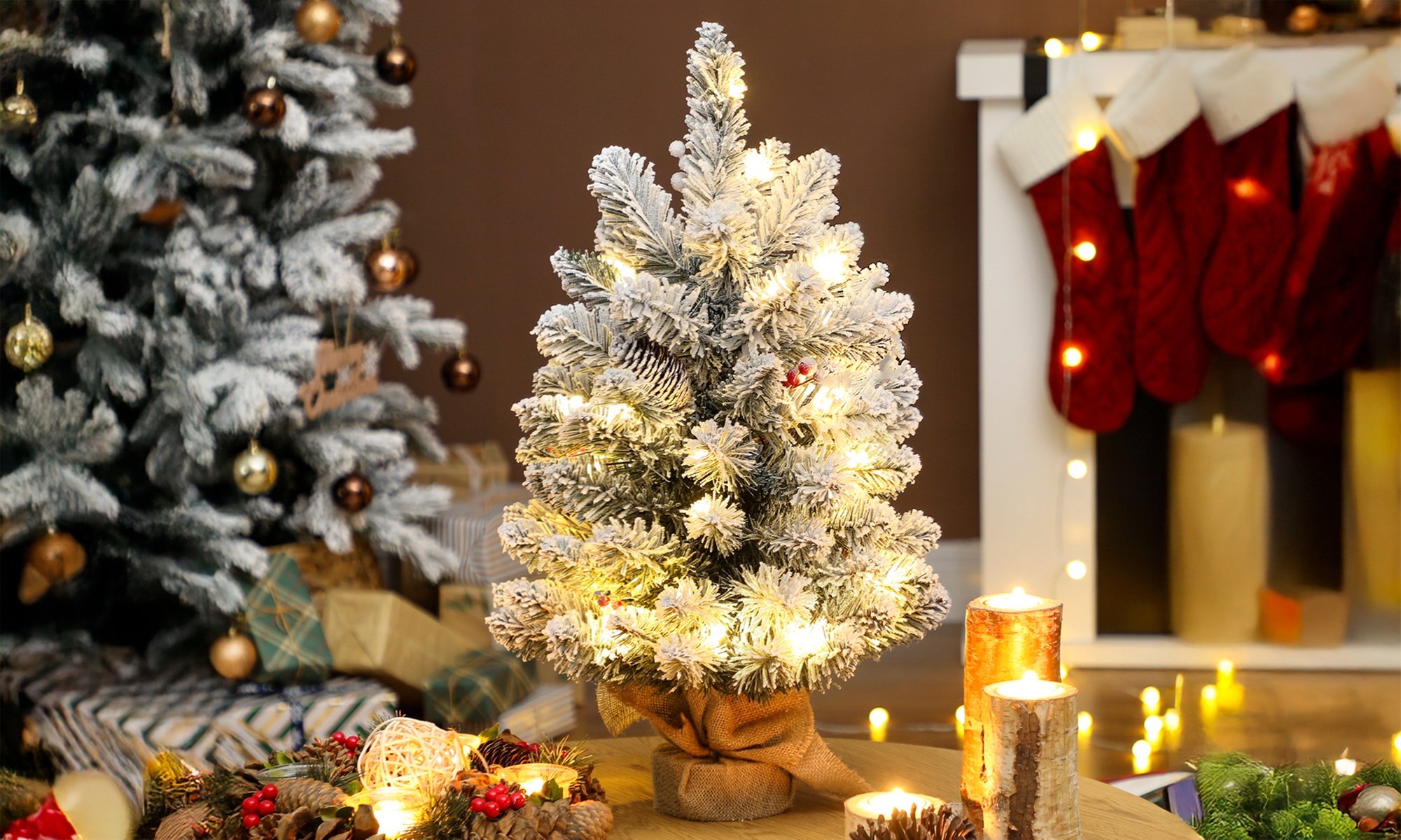 Prelit Small Christmas Tree, Snow Flocked Tabletop Xmas Tree