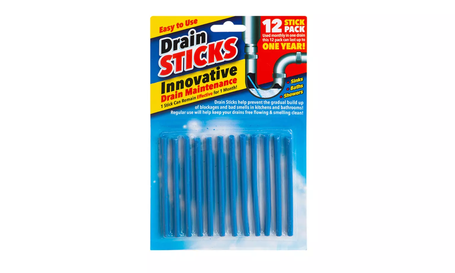 12 Packs of Drain Cleaner Sticks, Odour Control and Maintenance