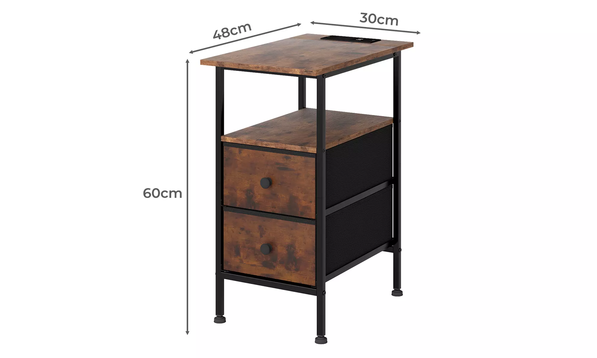 Levede Industrial Charging Side Table with USB Ports and Drawers