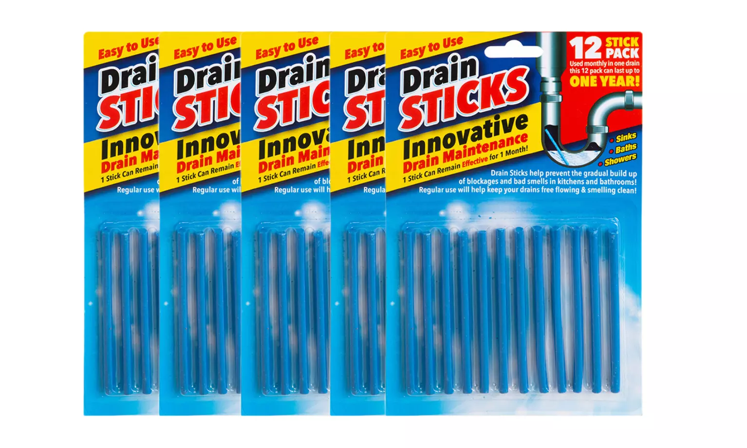 12 Packs of Drain Cleaner Sticks, Odour Control and Maintenance