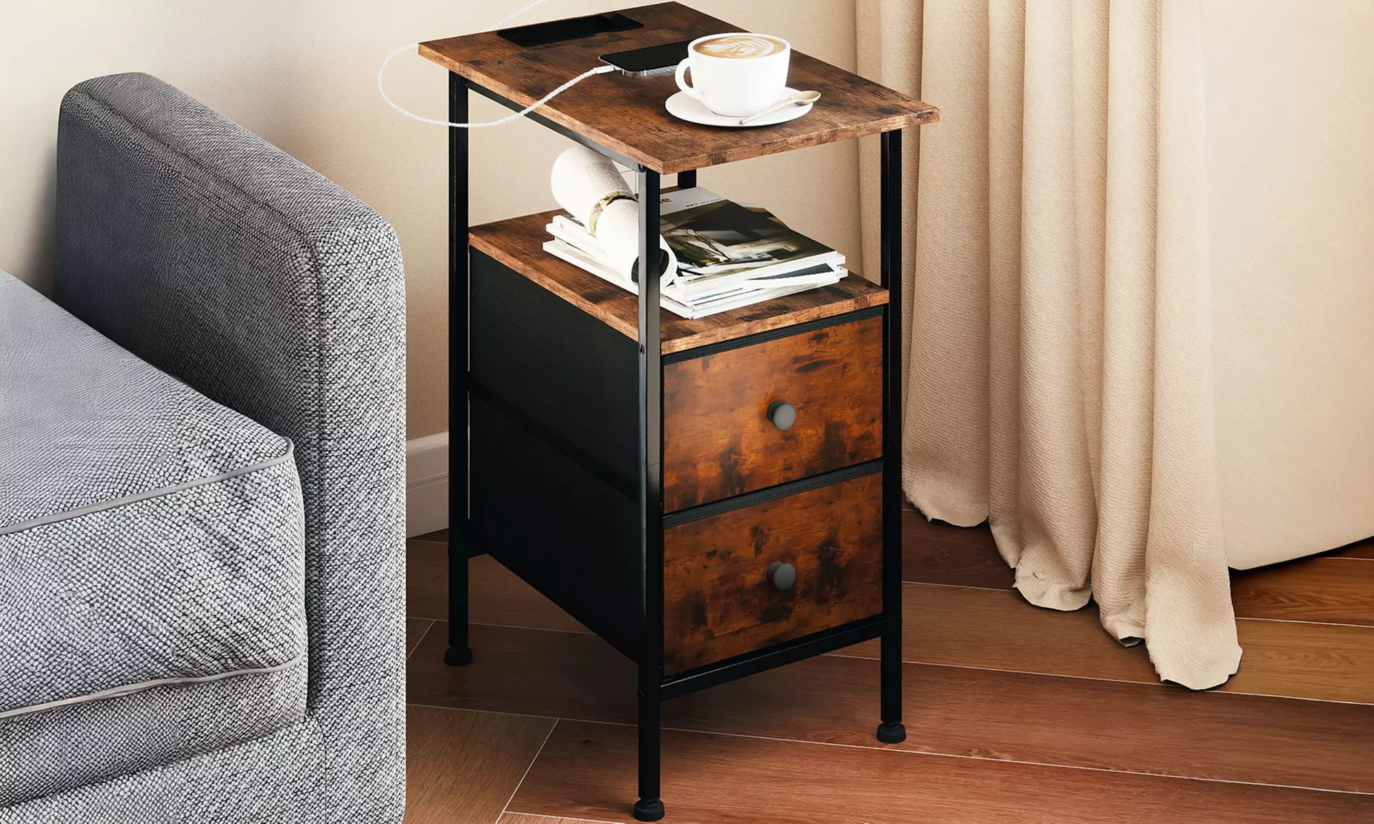 Levede Industrial Charging Side Table with USB Ports and Drawers