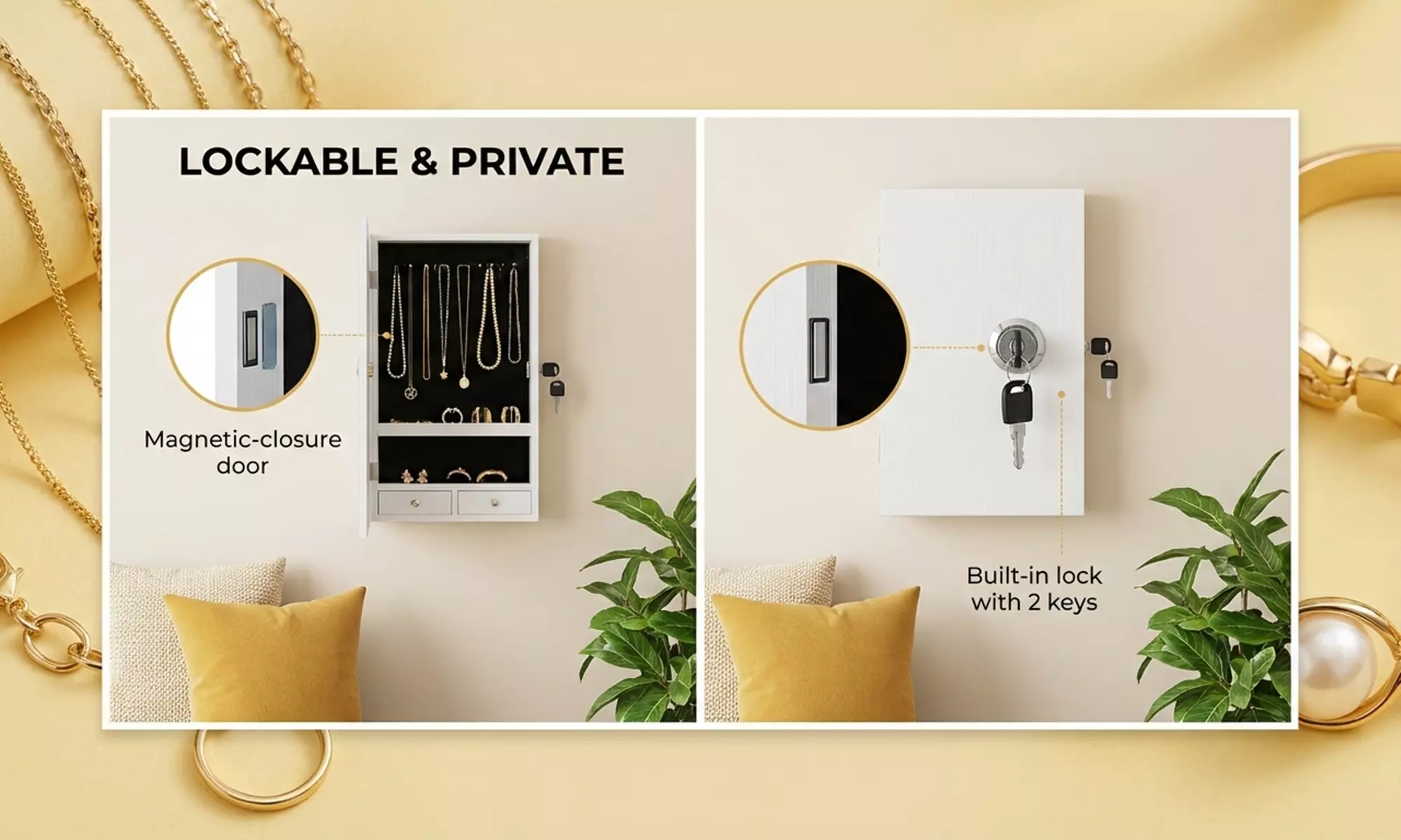 HOMCOM Wall-Mounted Jewellery Storage Cabinet with Mirror