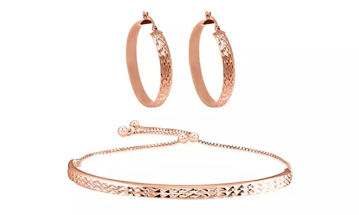 Sterling Silver Diamond Cut Adjustable Bangle Bracelet/ Earring Set Rose Gold