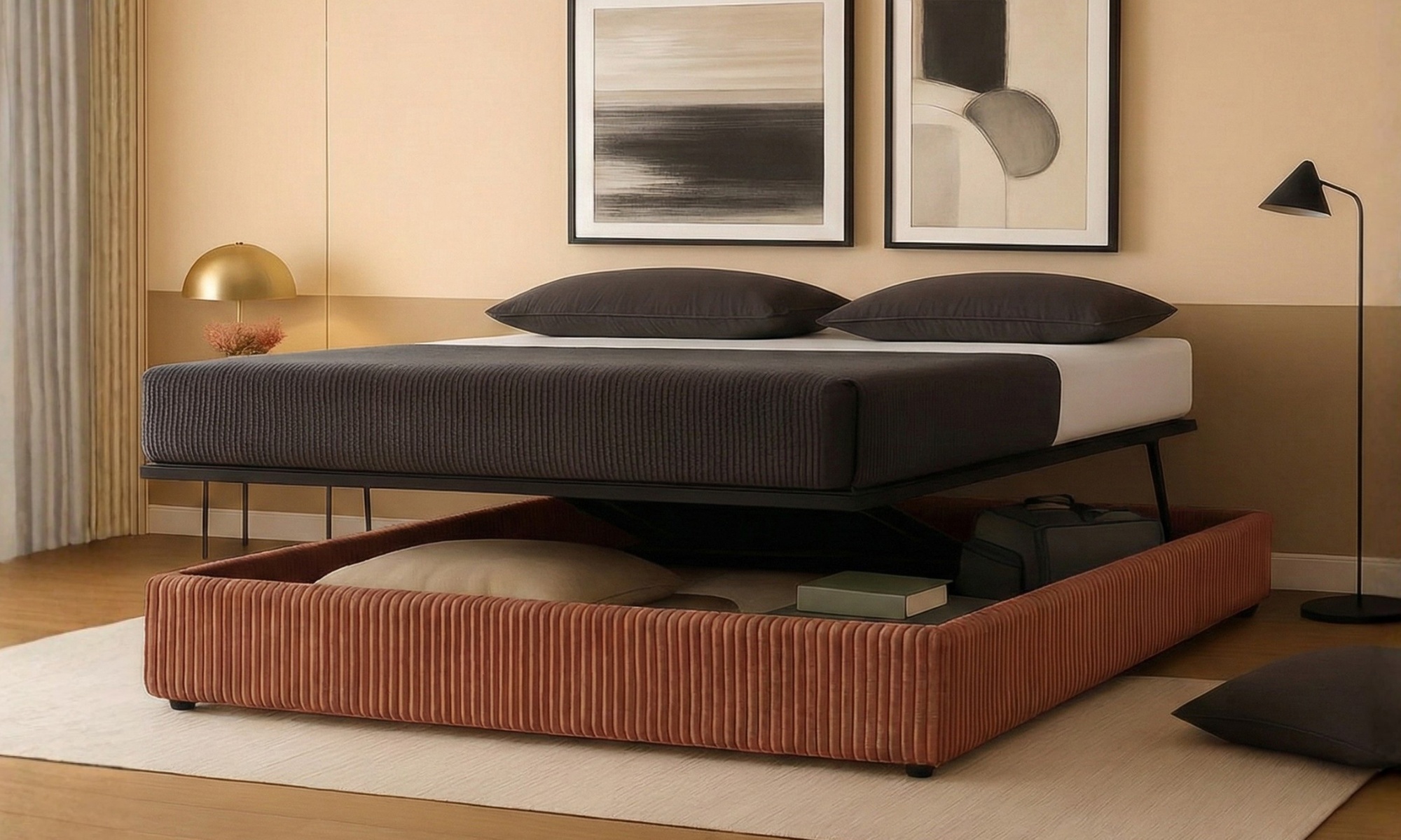 Lit coffre velours côtelé, 3 positions (repos, faire lit, stocker), stockage 900L, matelas, Sampur, livraison offerte